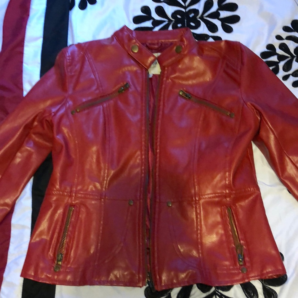 Red faux leather jacket